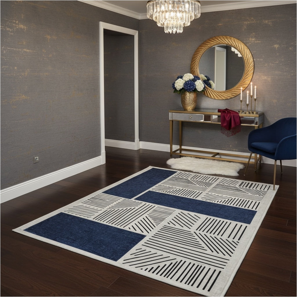 Modern Geometric Luxury Area Rug –Blue Black Cream Carpet - (120 x 180 cm)