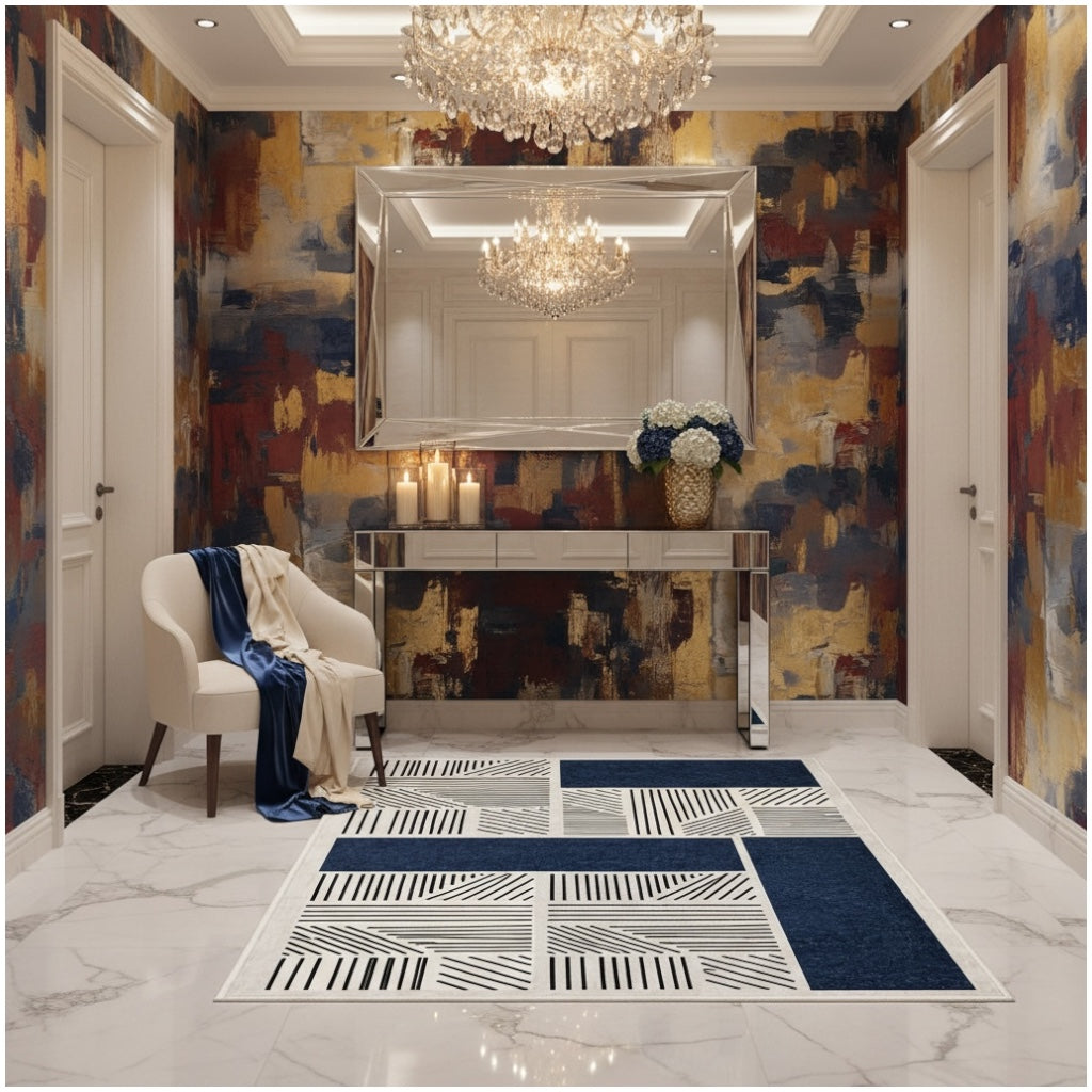Modern Geometric Luxury Area Rug –Blue Black Cream Carpet - (120 x 180 cm)