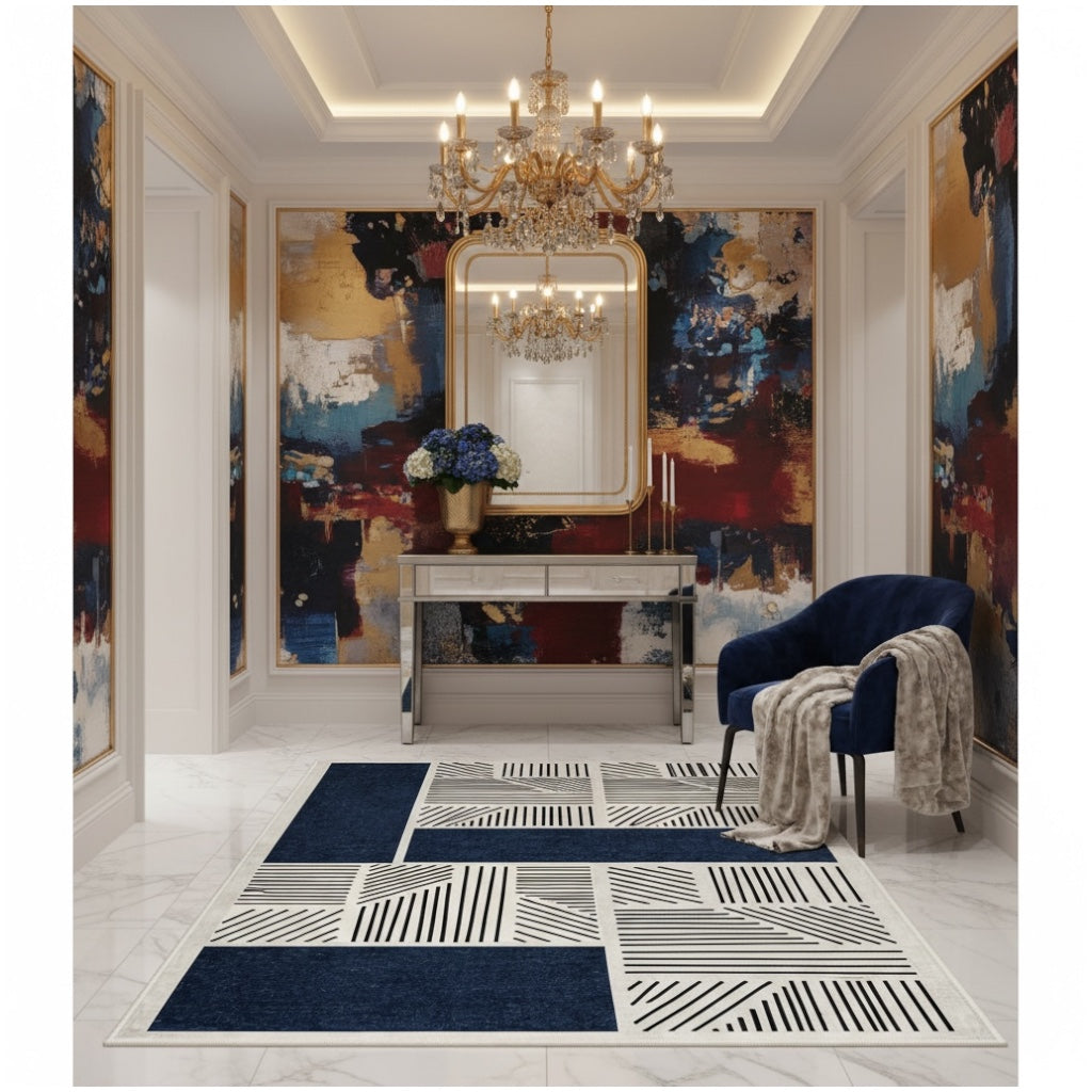 Modern Geometric Luxury Area Rug –Blue Black Cream Carpet - (120 x 180 cm)