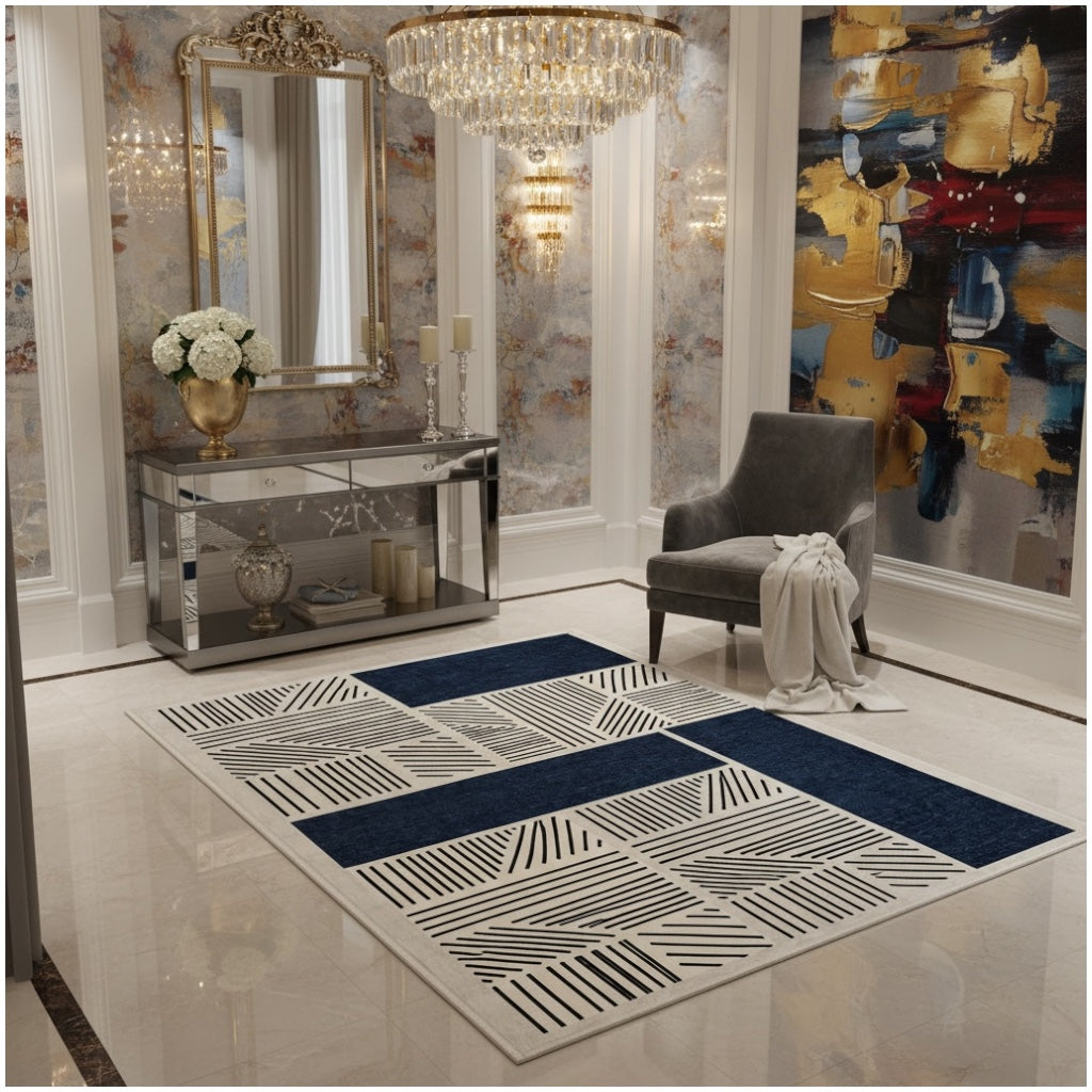 Modern Geometric Luxury Area Rug –Blue Black Cream Carpet - (120 x 180 cm)