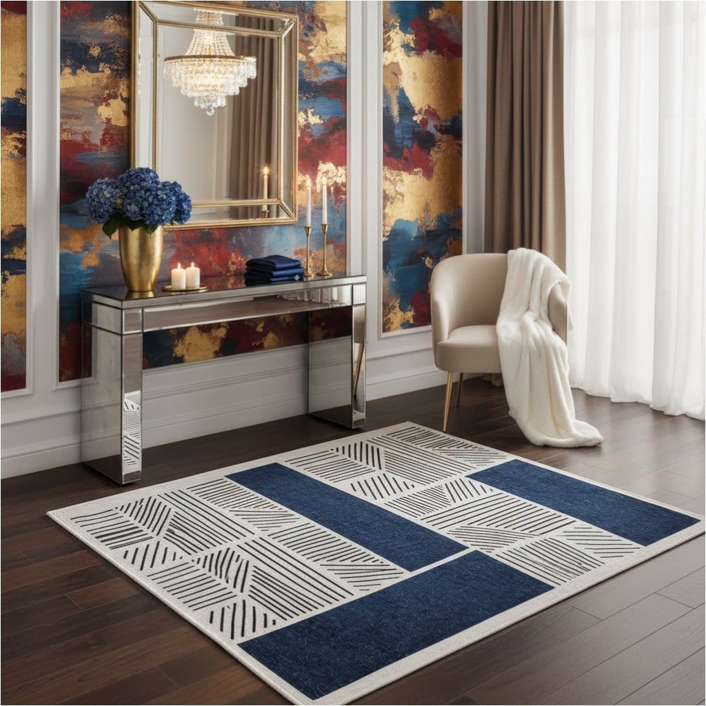 Modern Geometric Luxury Area Rug –Blue Black Cream Carpet - (120 x 180 cm)