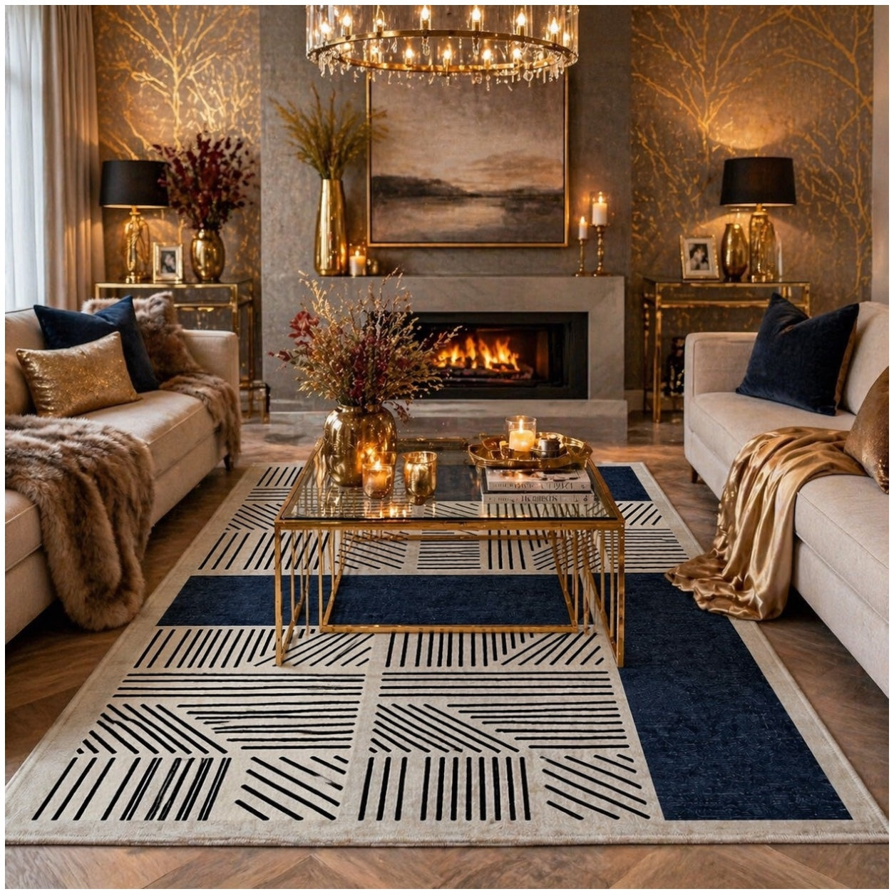 Modern Geometric Luxury Area Rug –Blue Black Cream Carpet - (120 x 180 cm)