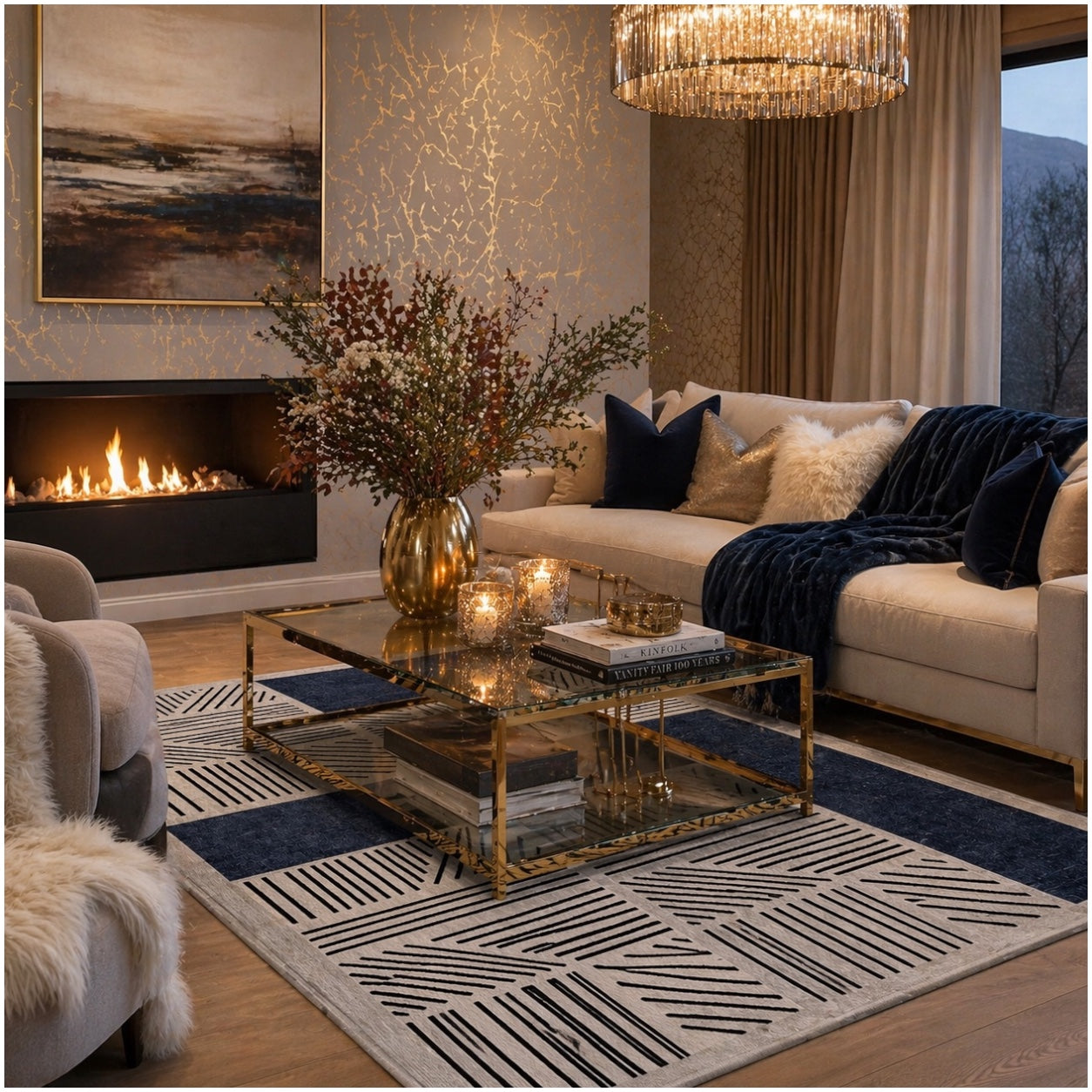Modern Geometric Luxury Area Rug –Blue Black Cream Carpet - (120 x 180 cm)