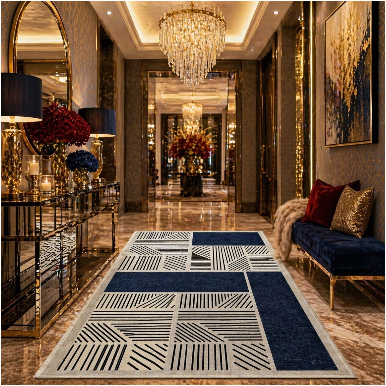 Modern Geometric Luxury Area Rug –Blue Black Cream Carpet - (120 x 180 cm)