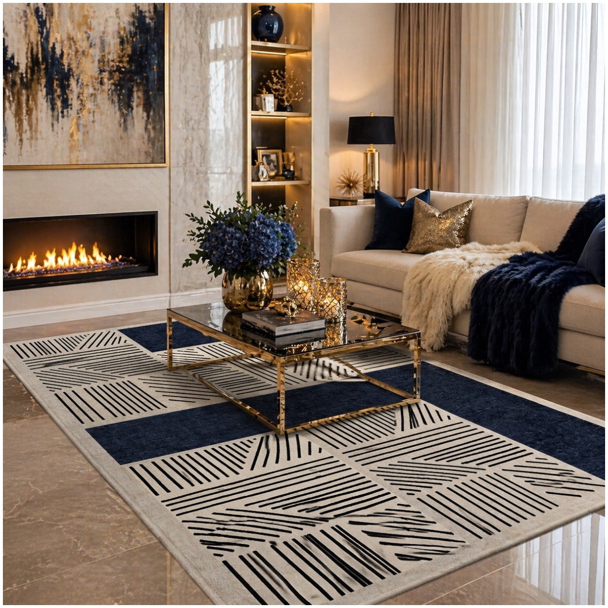 Modern Geometric Luxury Area Rug –Blue Black Cream Carpet - (120 x 180 cm)