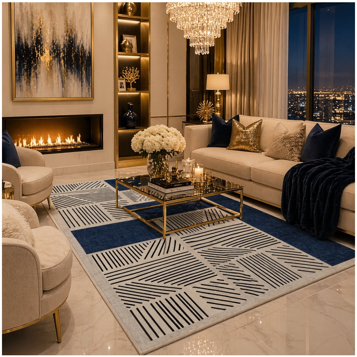 Modern Geometric Luxury Area Rug –Blue Black Cream Carpet - (120 x 180 cm)