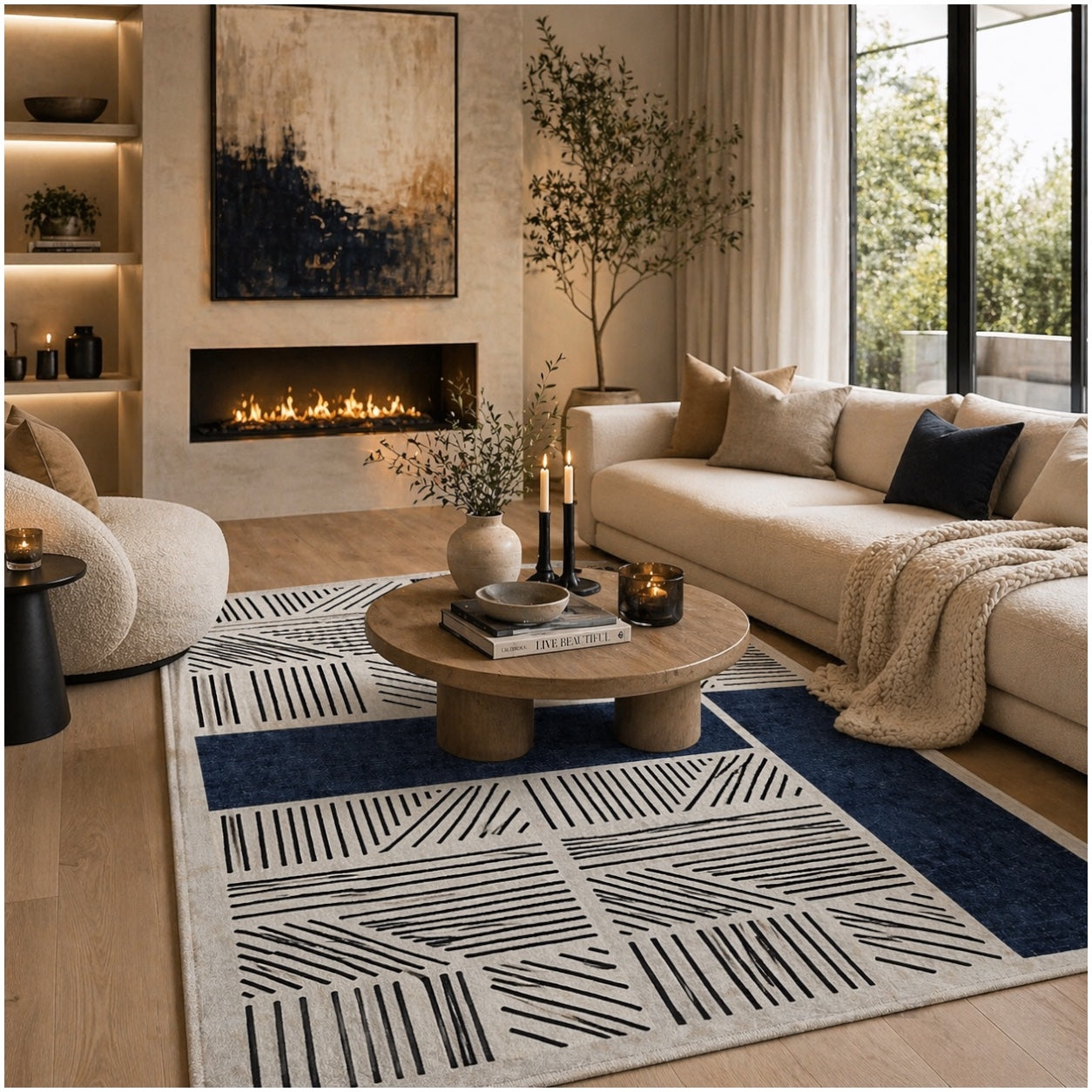 Modern Geometric Luxury Area Rug –Blue Black Cream Carpet - (120 x 180 cm)