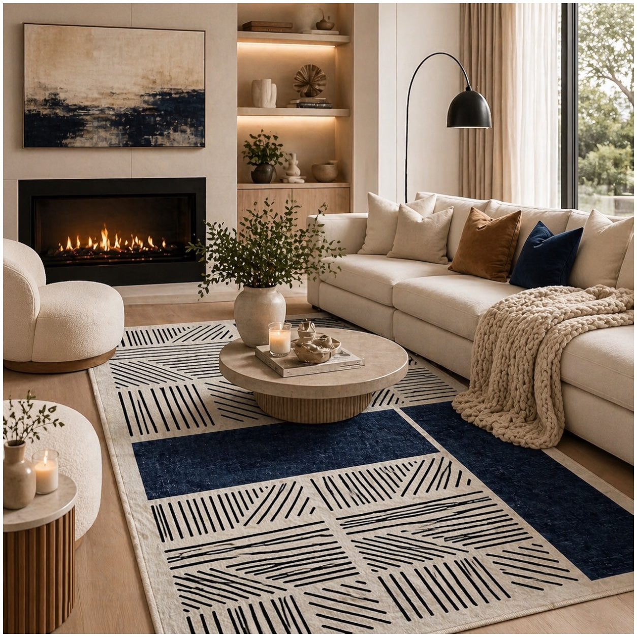 Modern Geometric Luxury Area Rug –Blue Black Cream Carpet - (120 x 180 cm)