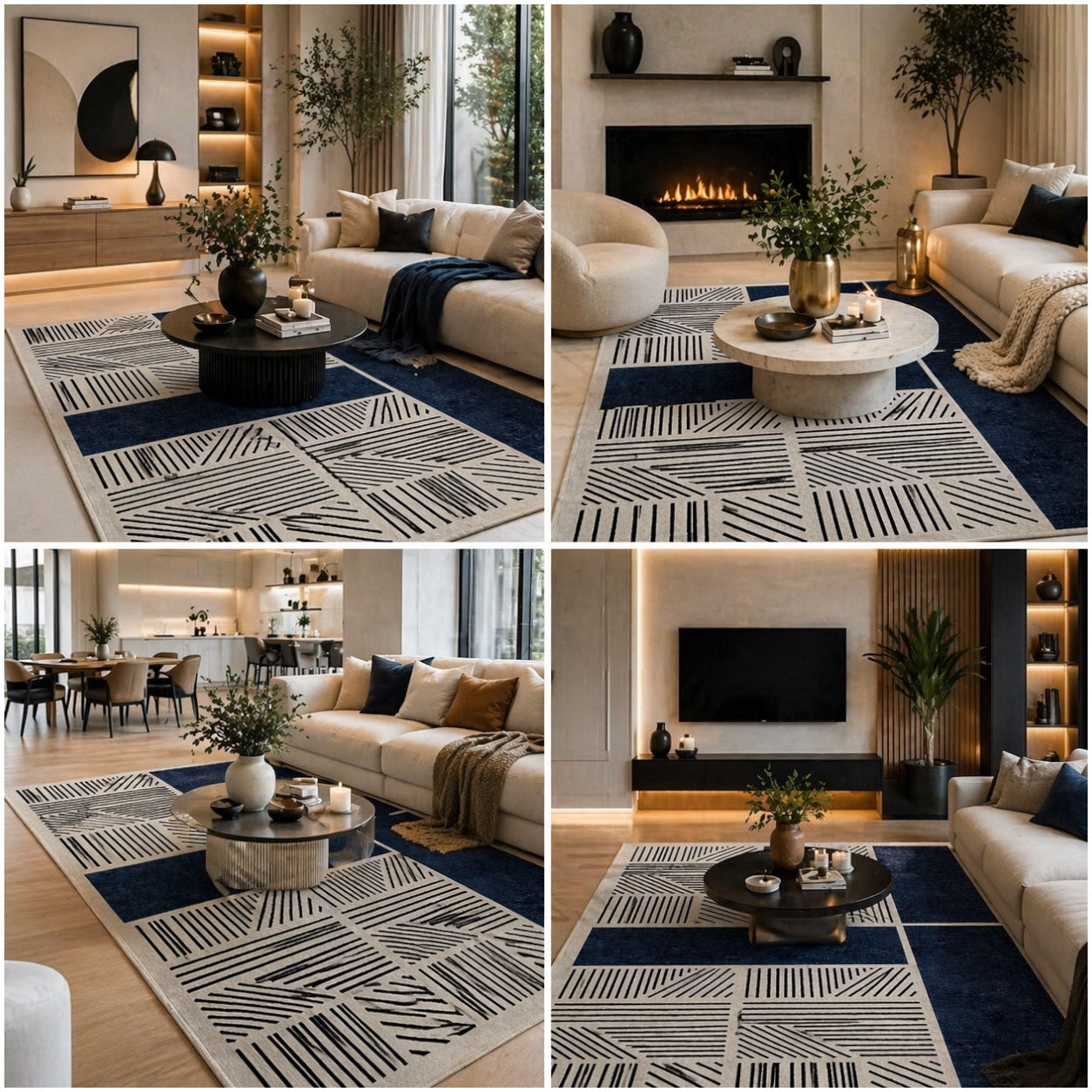 Modern Geometric Luxury Area Rug –Blue Black Cream Carpet - (120 x 180 cm)