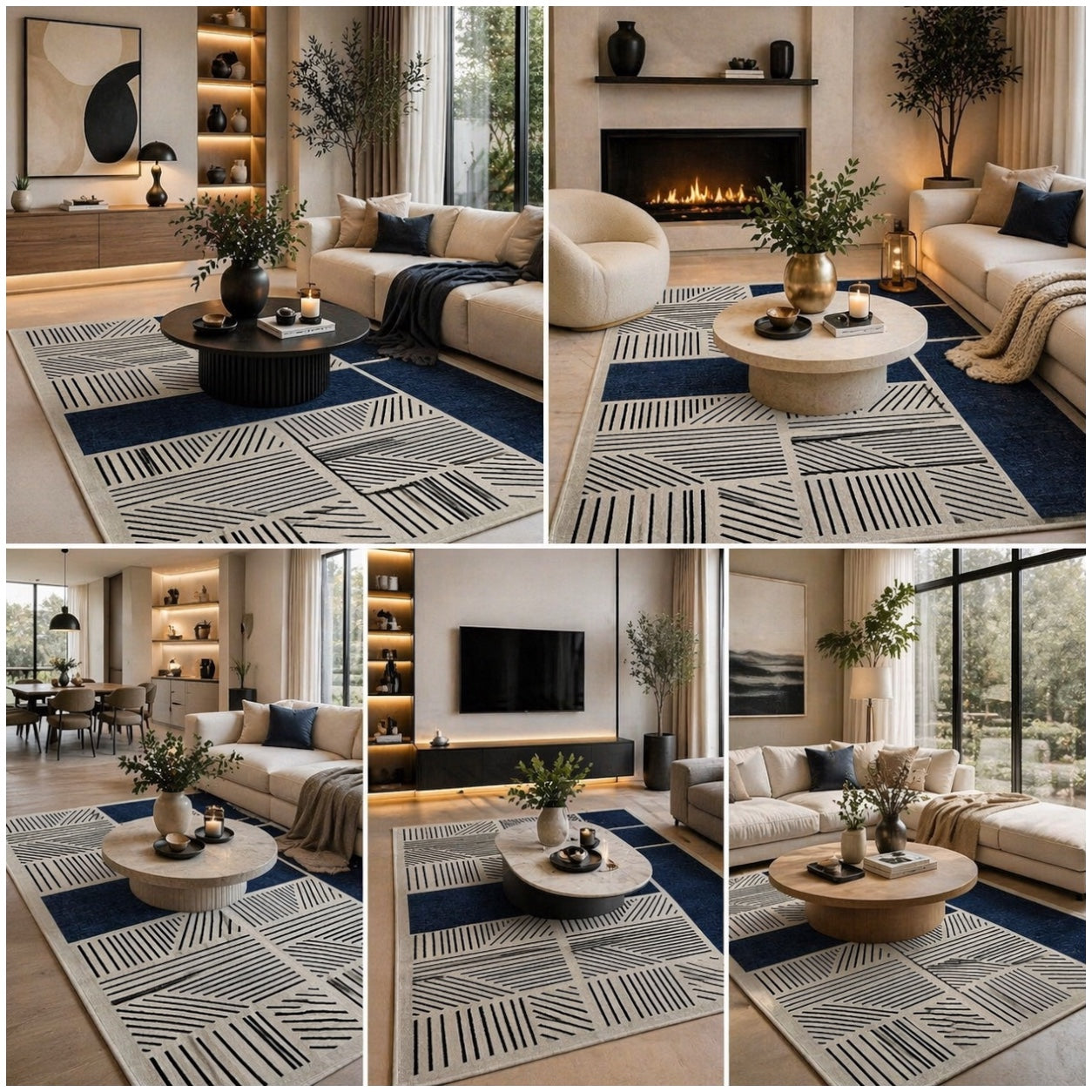 Modern Geometric Luxury Area Rug –Blue Black Cream Carpet - (120 x 180 cm)
