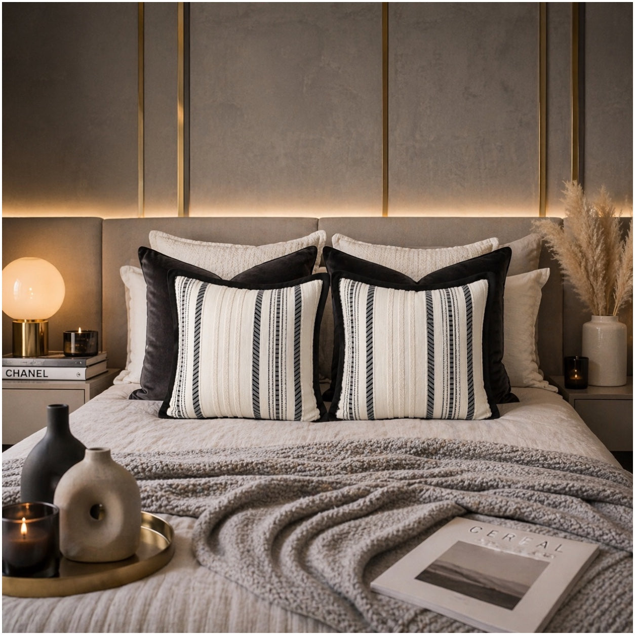 Textured Corduroy Cushion Cover-Set of 2– Black Cream Striped – 45 x 45 cm