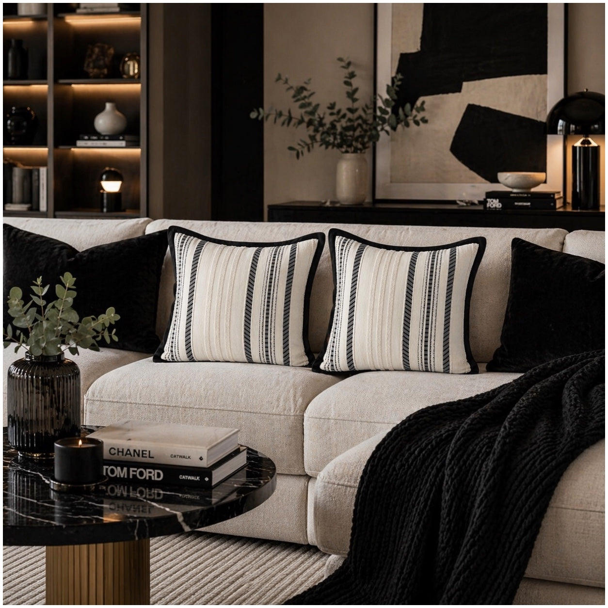 Textured Corduroy Cushion Cover-Set of 2– Black Cream Striped – 45 x 45 cm