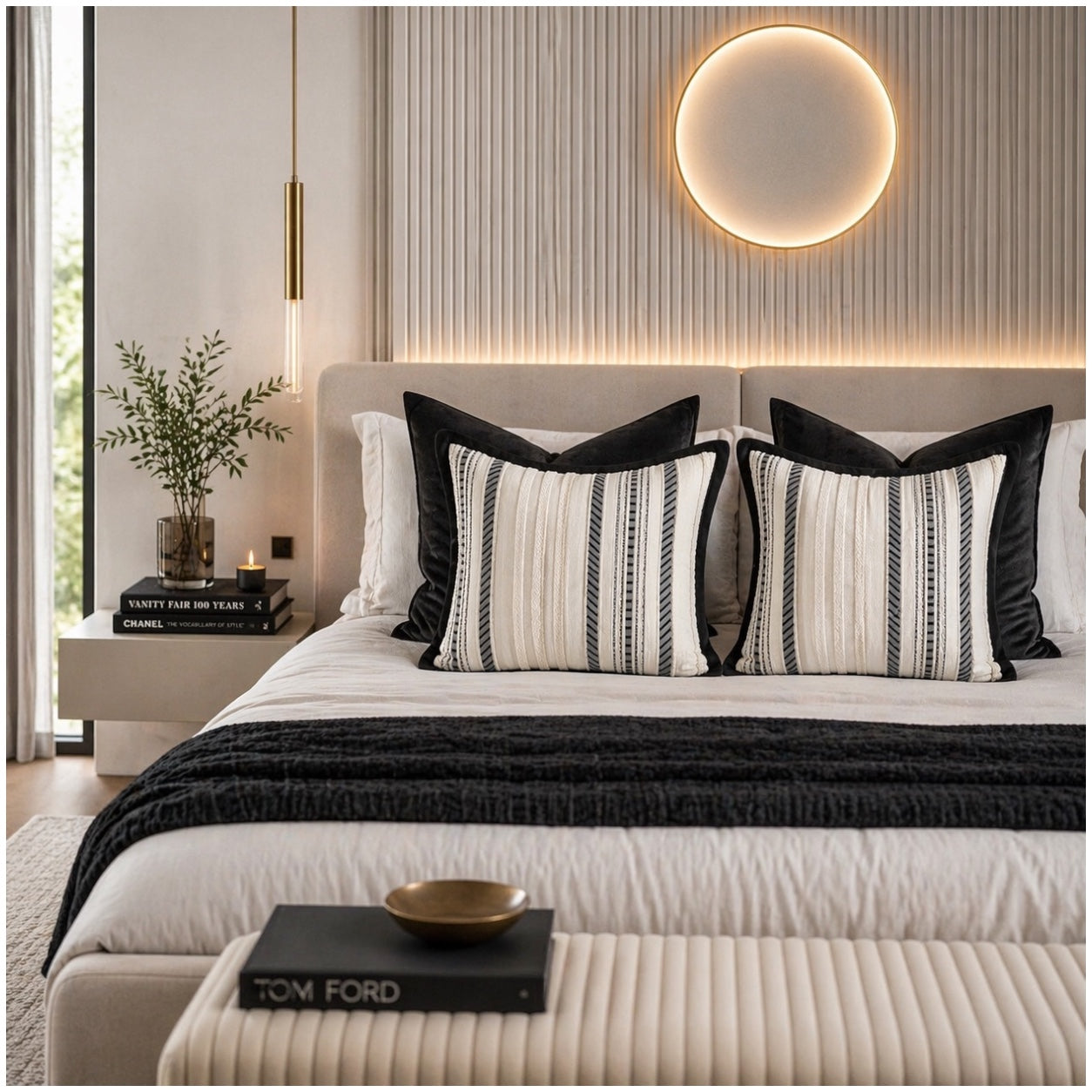 Textured Corduroy Cushion Cover-Set of 2– Black Cream Striped – 45 x 45 cm