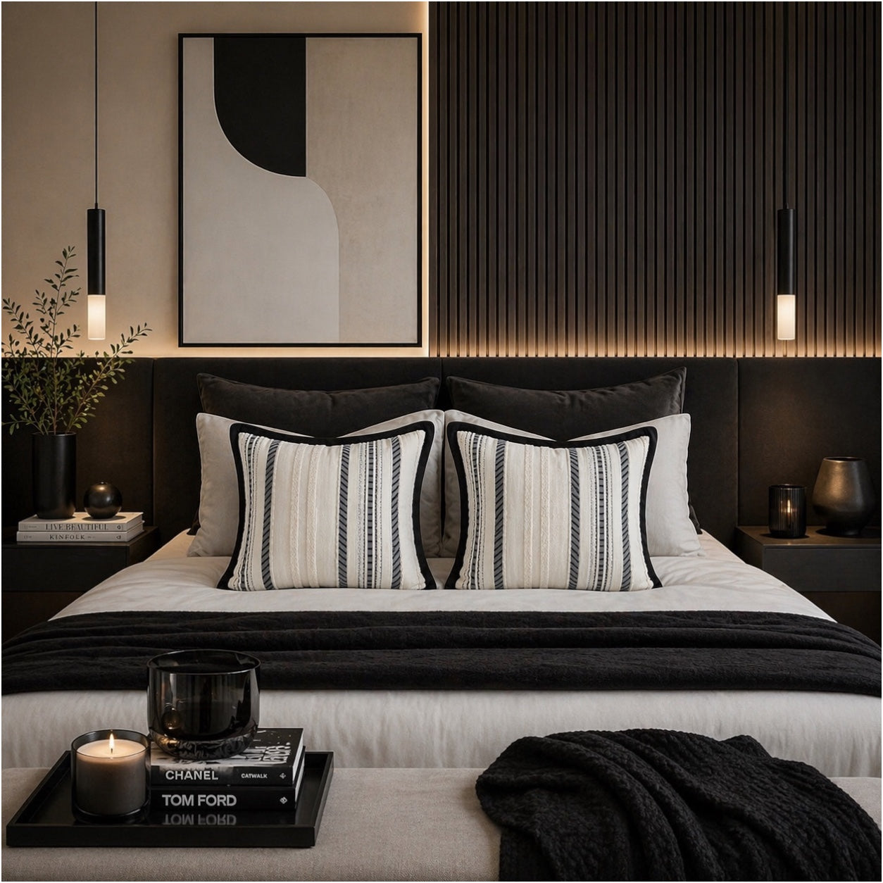 Textured Corduroy Cushion Cover-Set of 2– Black Cream Striped – 45 x 45 cm