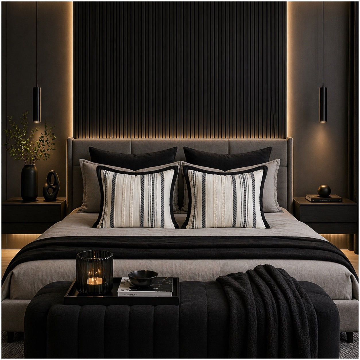Textured Corduroy Cushion Cover-Set of 2– Black Cream Striped – 45 x 45 cm