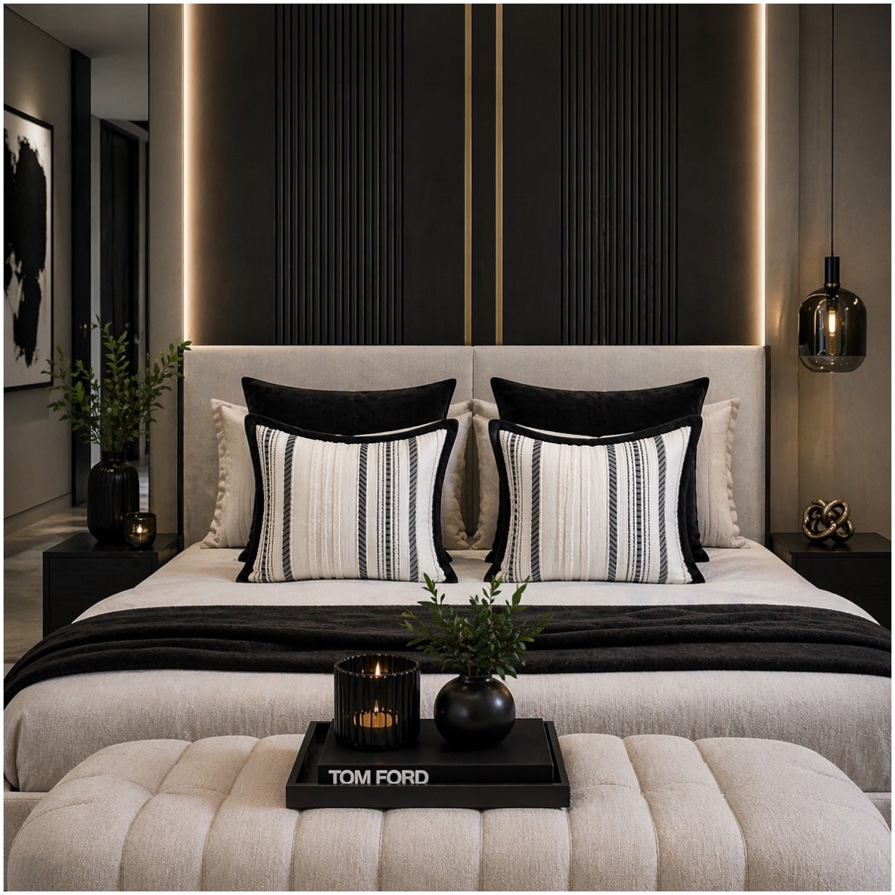 Textured Corduroy Cushion Cover-Set of 2– Black Cream Striped – 45 x 45 cm