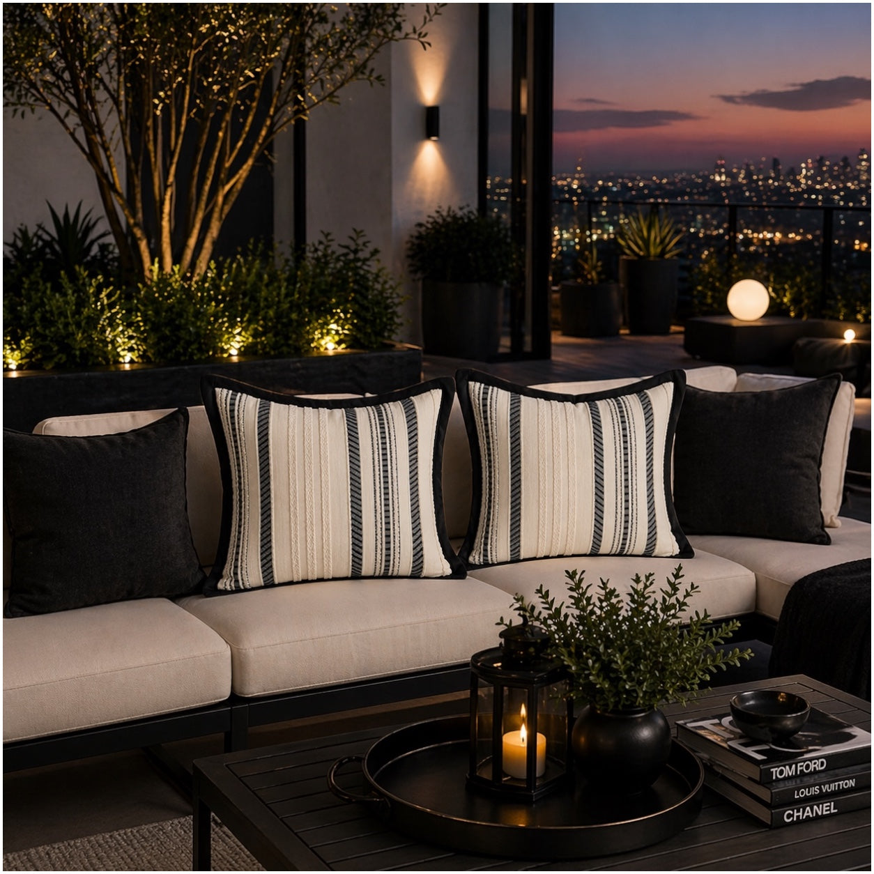 Textured Corduroy Cushion Cover-Set of 2– Black Cream Striped – 45 x 45 cm