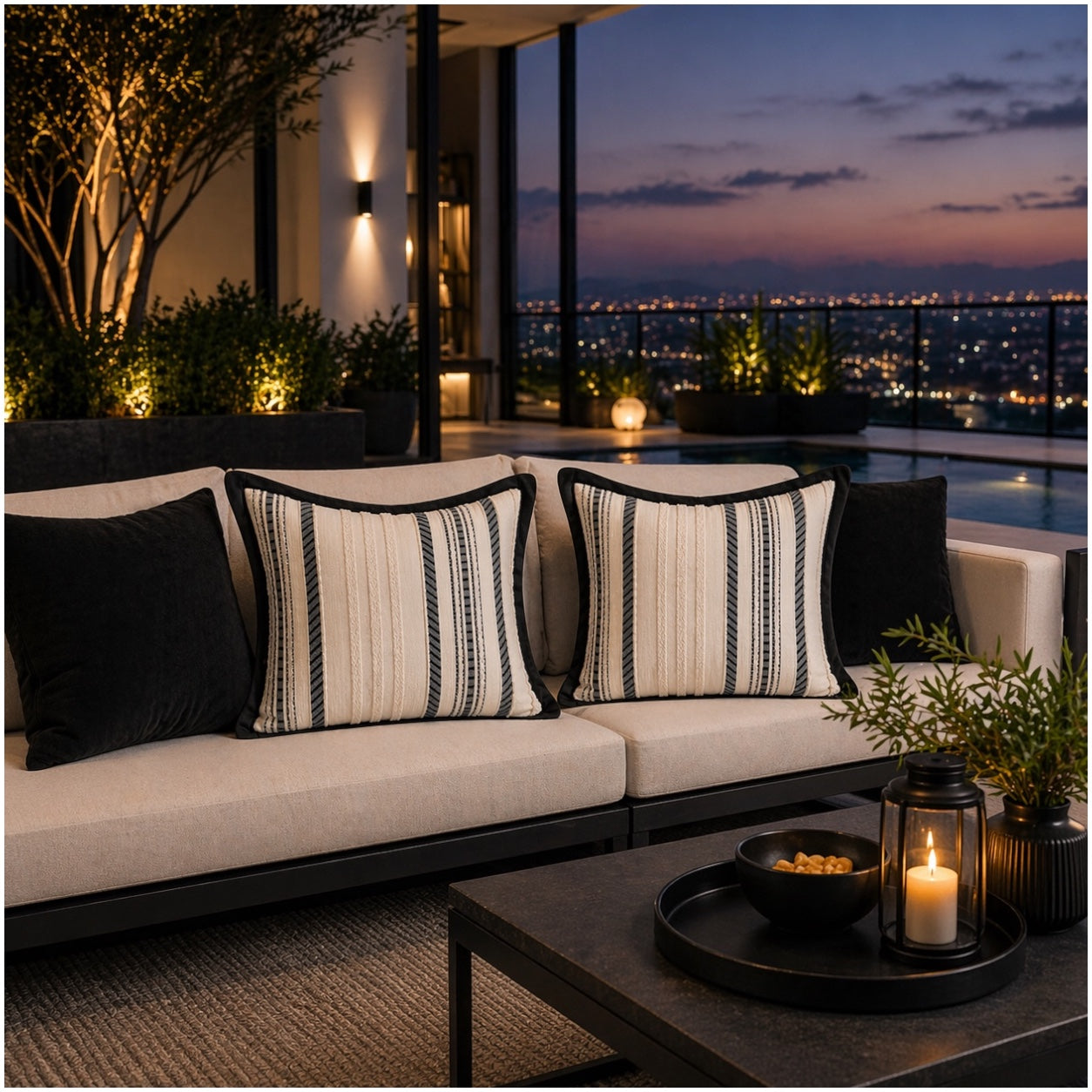Textured Corduroy Cushion Cover-Set of 2– Black Cream Striped – 45 x 45 cm