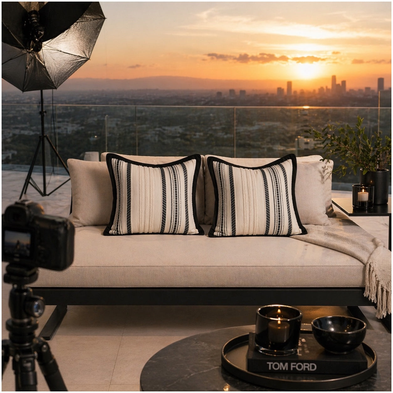 Textured Corduroy Cushion Cover-Set of 2– Black Cream Striped – 45 x 45 cm