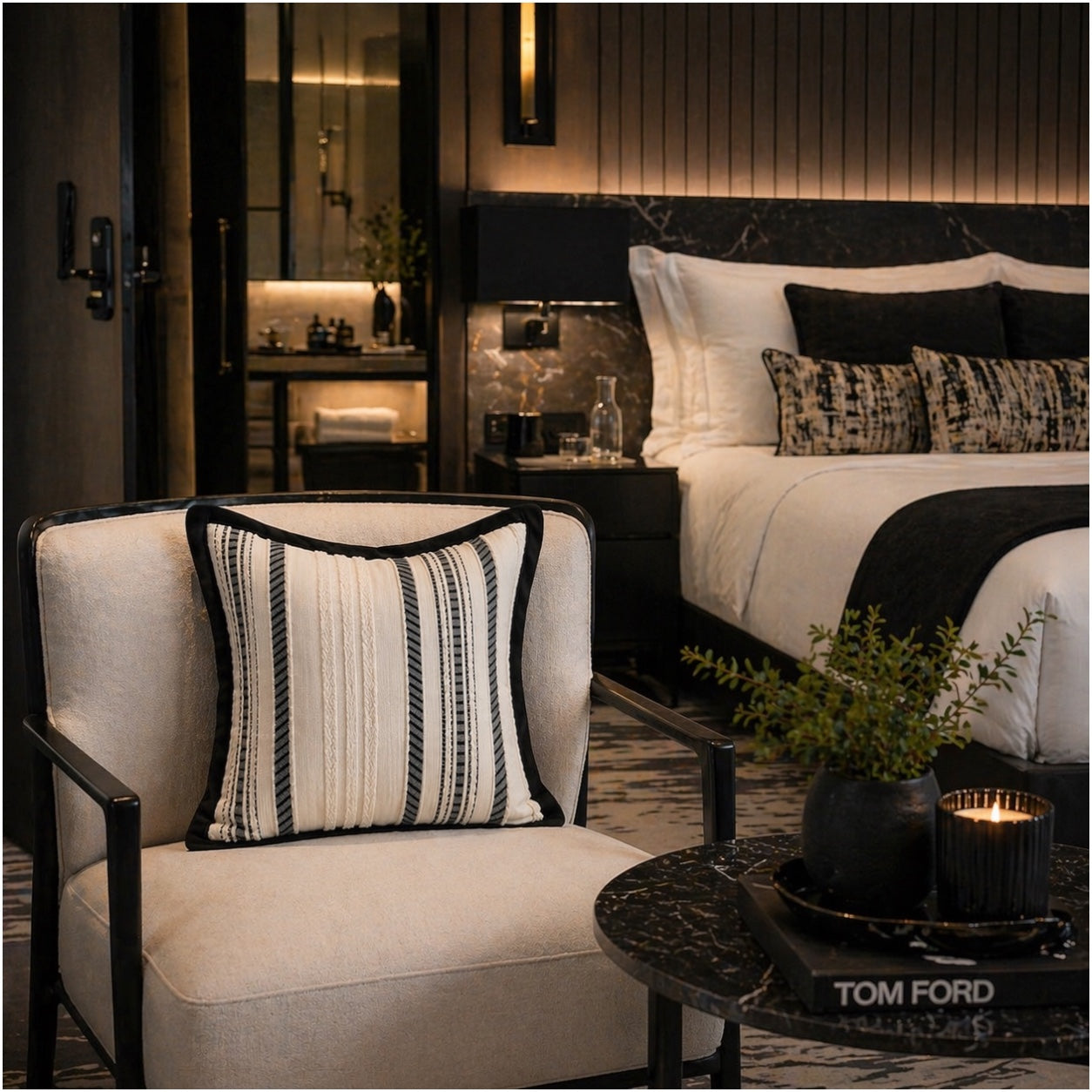 Textured Corduroy Cushion Cover-Set of 2– Black Cream Striped – 45 x 45 cm