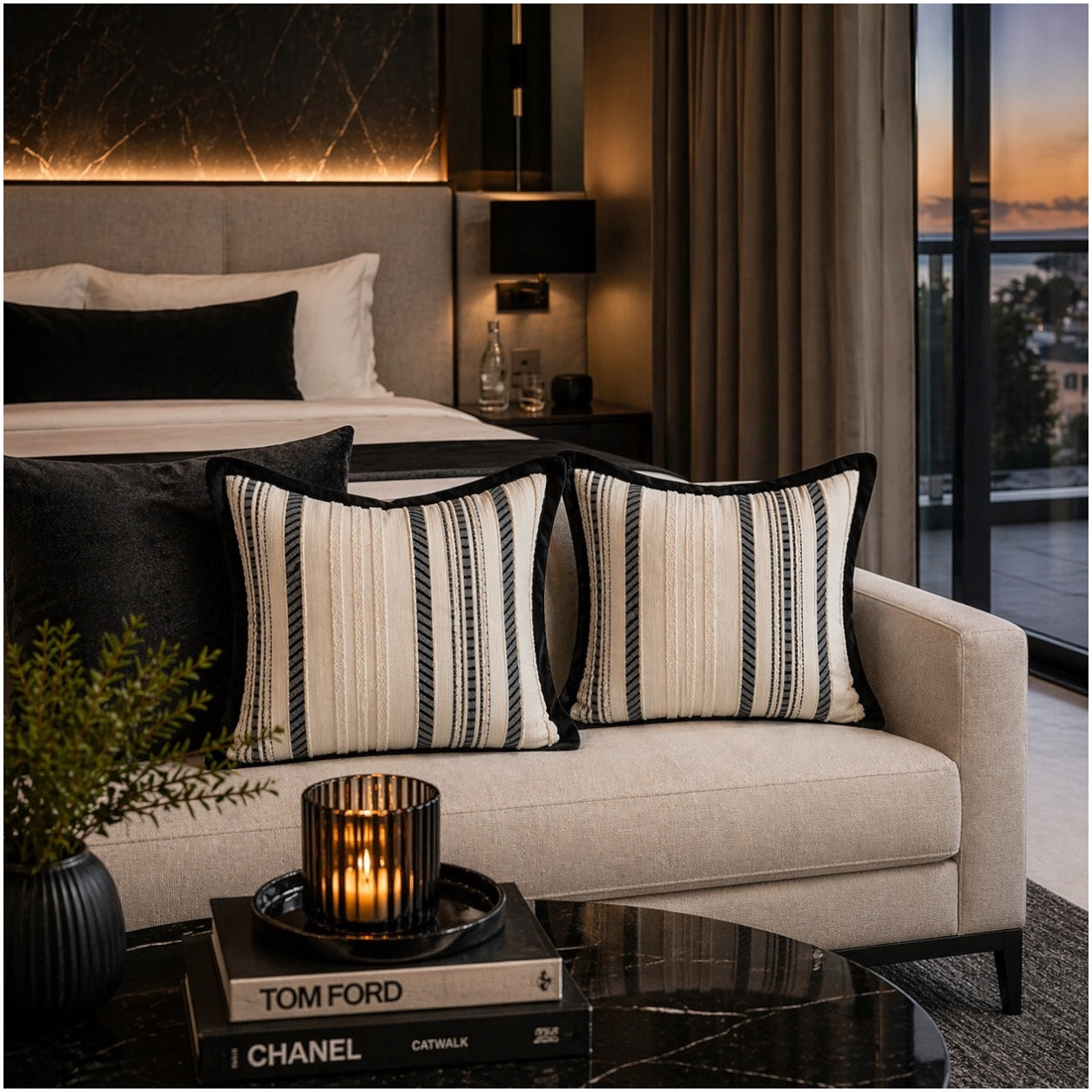 Textured Corduroy Cushion Cover-Set of 2– Black Cream Striped – 45 x 45 cm