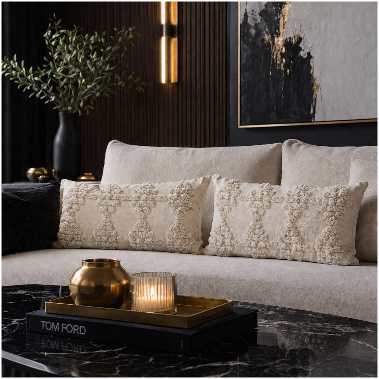 Elegant Textured Lumbar Cushion Covers-Set of 2- Off White Cream 48 x 29 cm