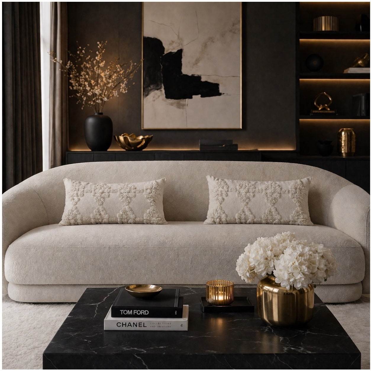 Elegant Textured Lumbar Cushion Covers-Set of 2- Off White Cream 48 x 29 cm