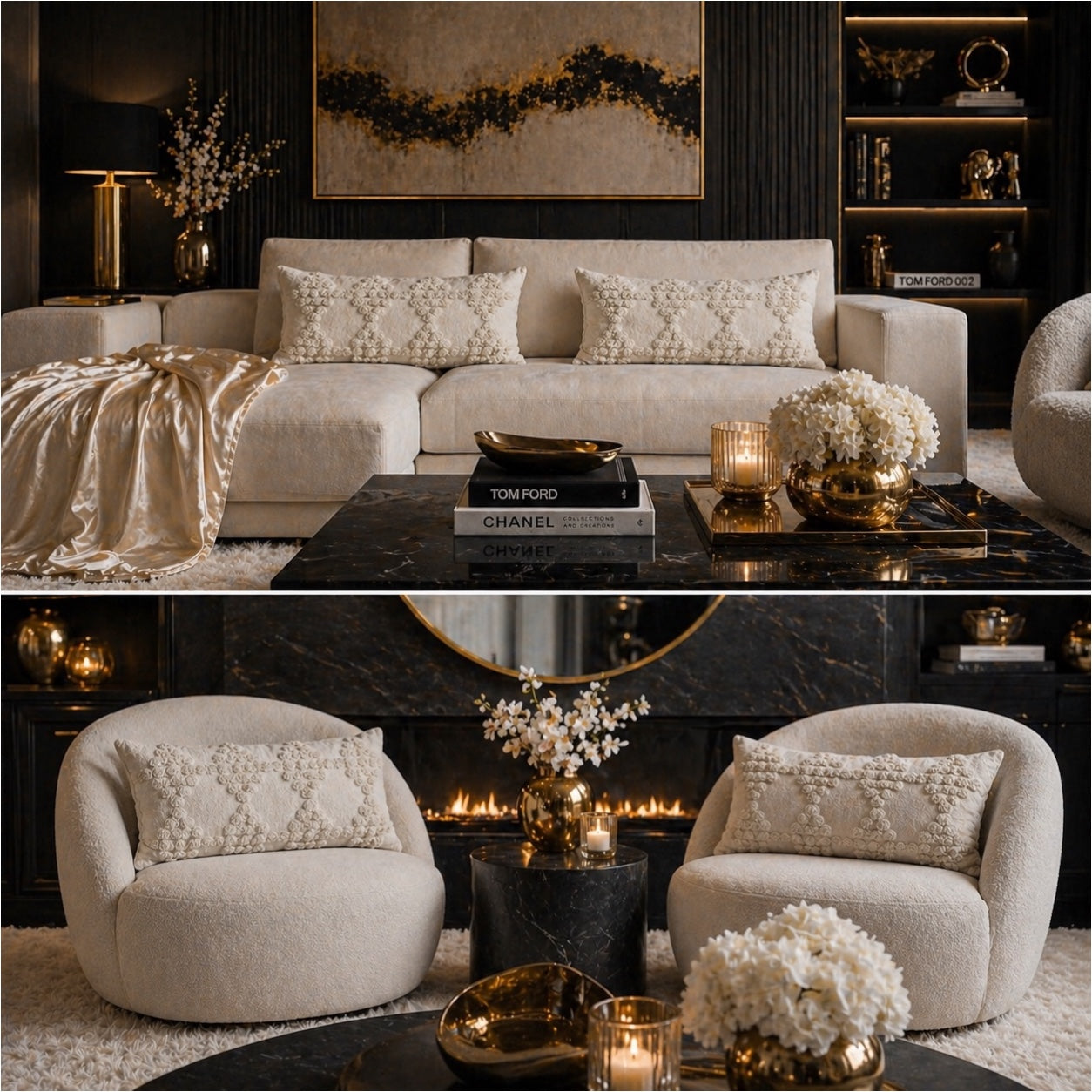 Elegant Textured Lumbar Cushion Covers-Set of 2- Off White Cream 48 x 29 cm