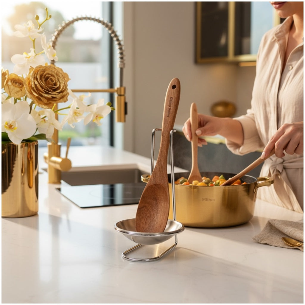 Stylish and Elegant Wooden Serving Spoon with Silver Stand and Drip Tra