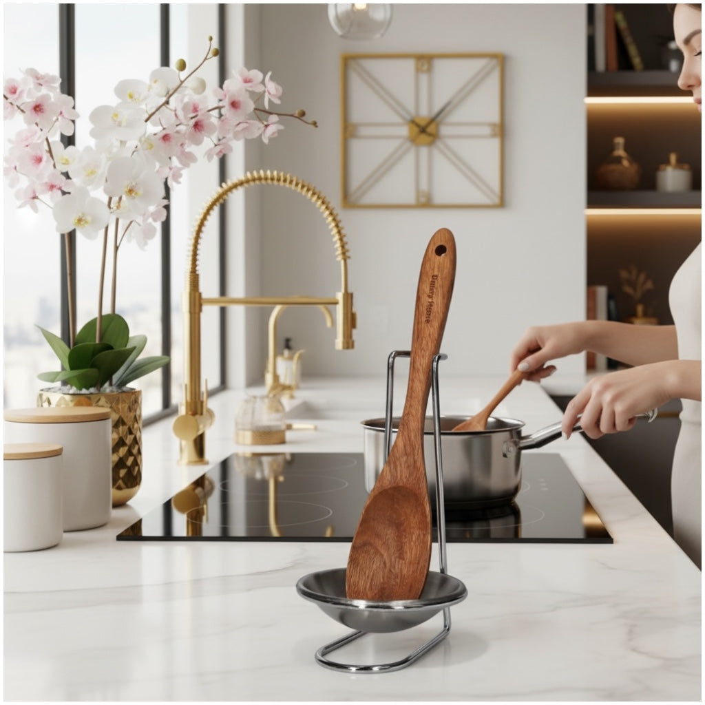 Stylish and Elegant Wooden Serving Spoon with Silver Stand and Drip Tra