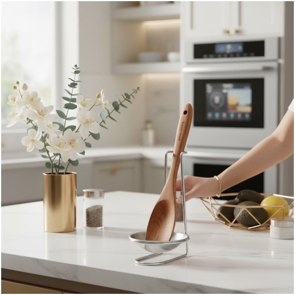 Stylish and Elegant Wooden Serving Spoon with Silver Stand and Drip Tra
