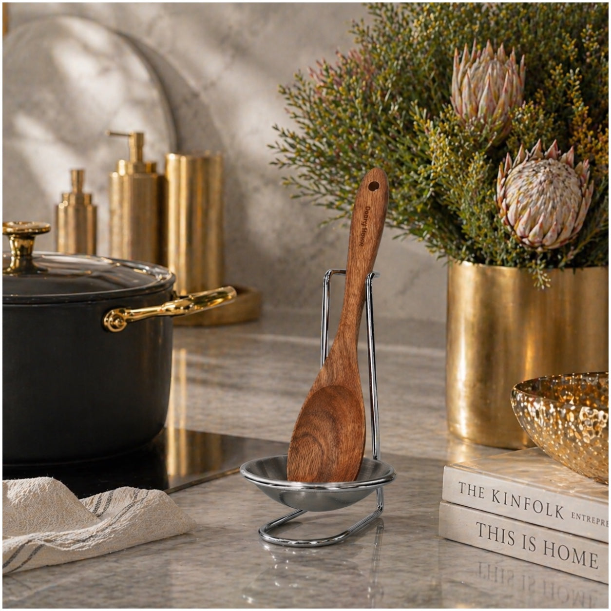Stylish and Elegant Wooden Serving Spoon with Silver Stand and Drip Tra
