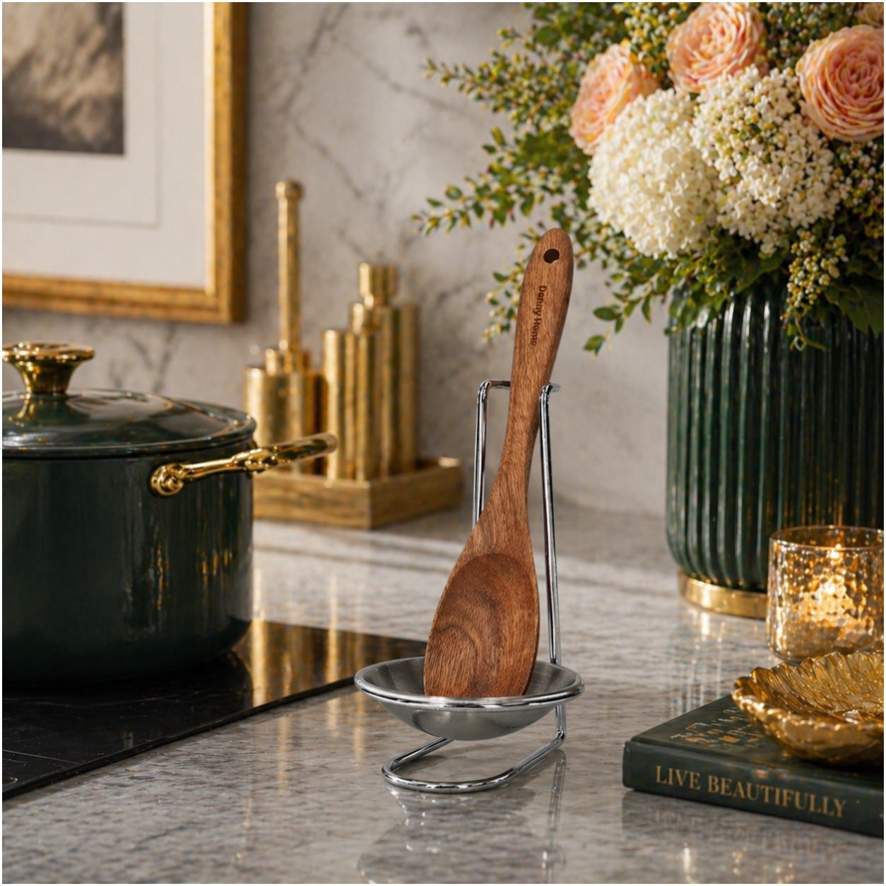 Stylish and Elegant Wooden Serving Spoon with Silver Stand and Drip Tra