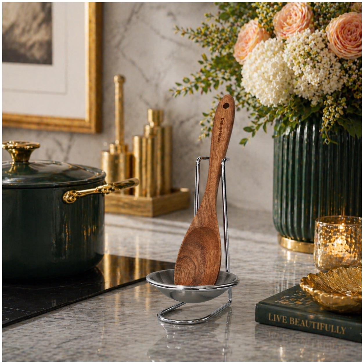 Stylish and Elegant Wooden Serving Spoon with Silver Stand and Drip Tra