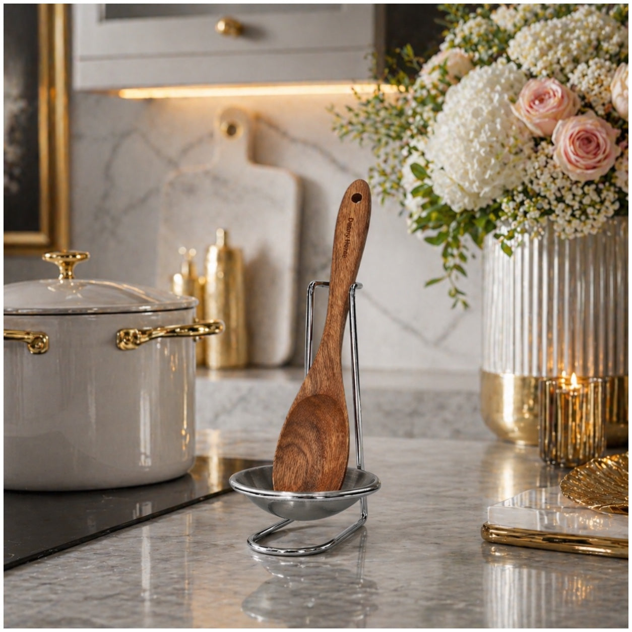 Stylish and Elegant Wooden Serving Spoon with Silver Stand and Drip Tra