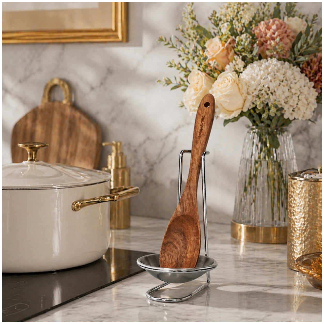 Stylish and Elegant Wooden Serving Spoon with Silver Stand and Drip Tra