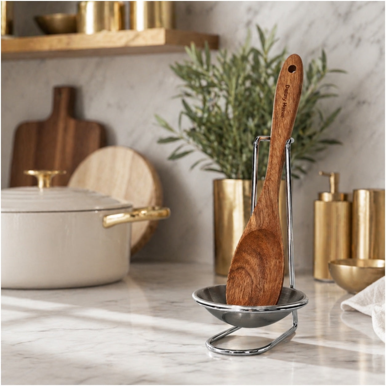 Stylish and Elegant Wooden Serving Spoon with Silver Stand and Drip Tra