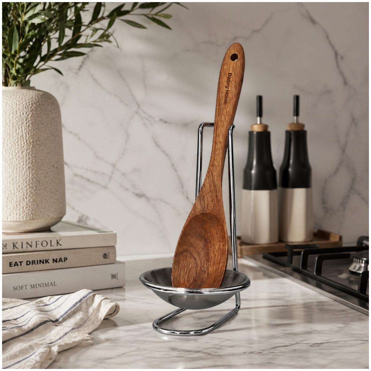 Stylish and Elegant Wooden Serving Spoon with Silver Stand and Drip Tra