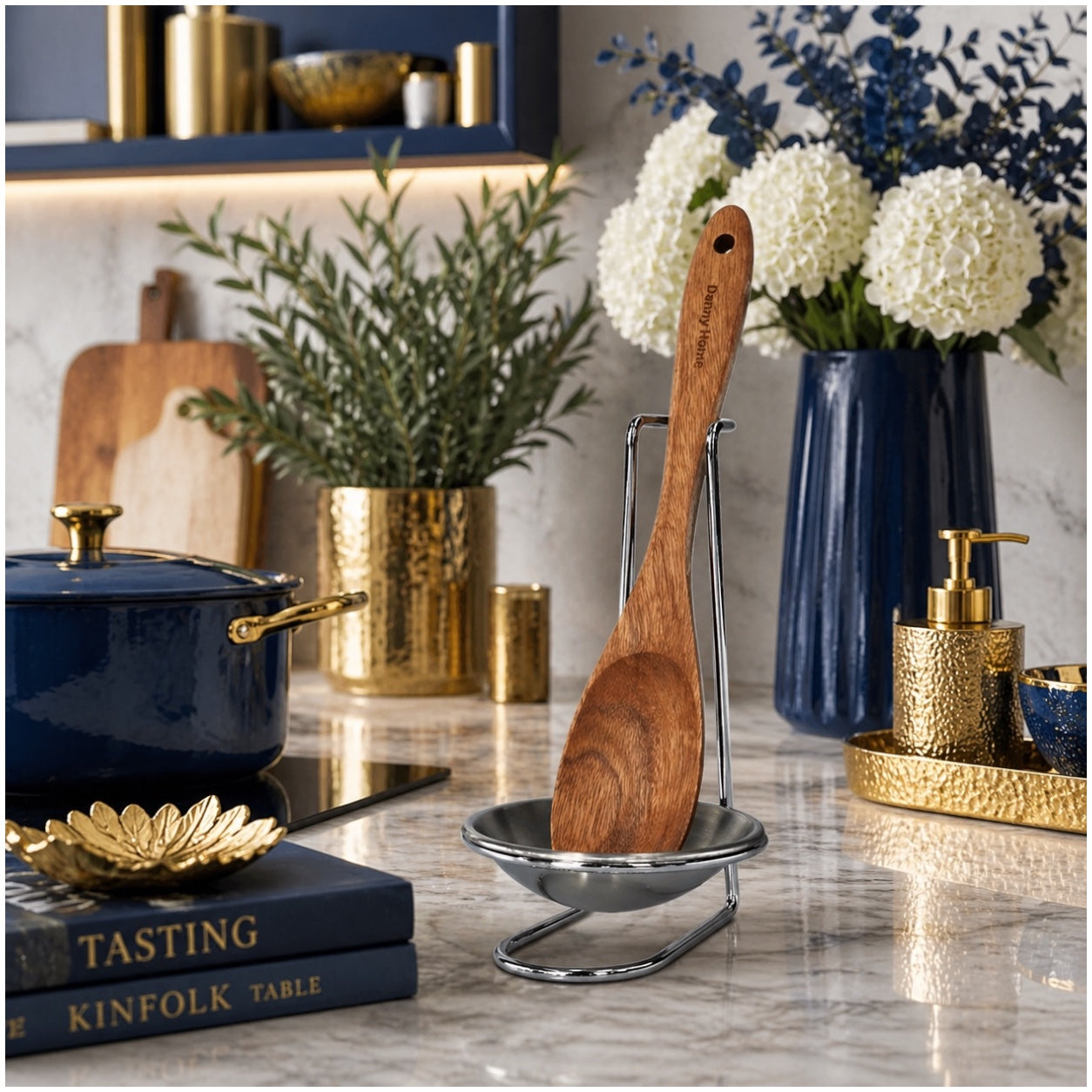 Stylish and Elegant Wooden Serving Spoon with Silver Stand and Drip Tra