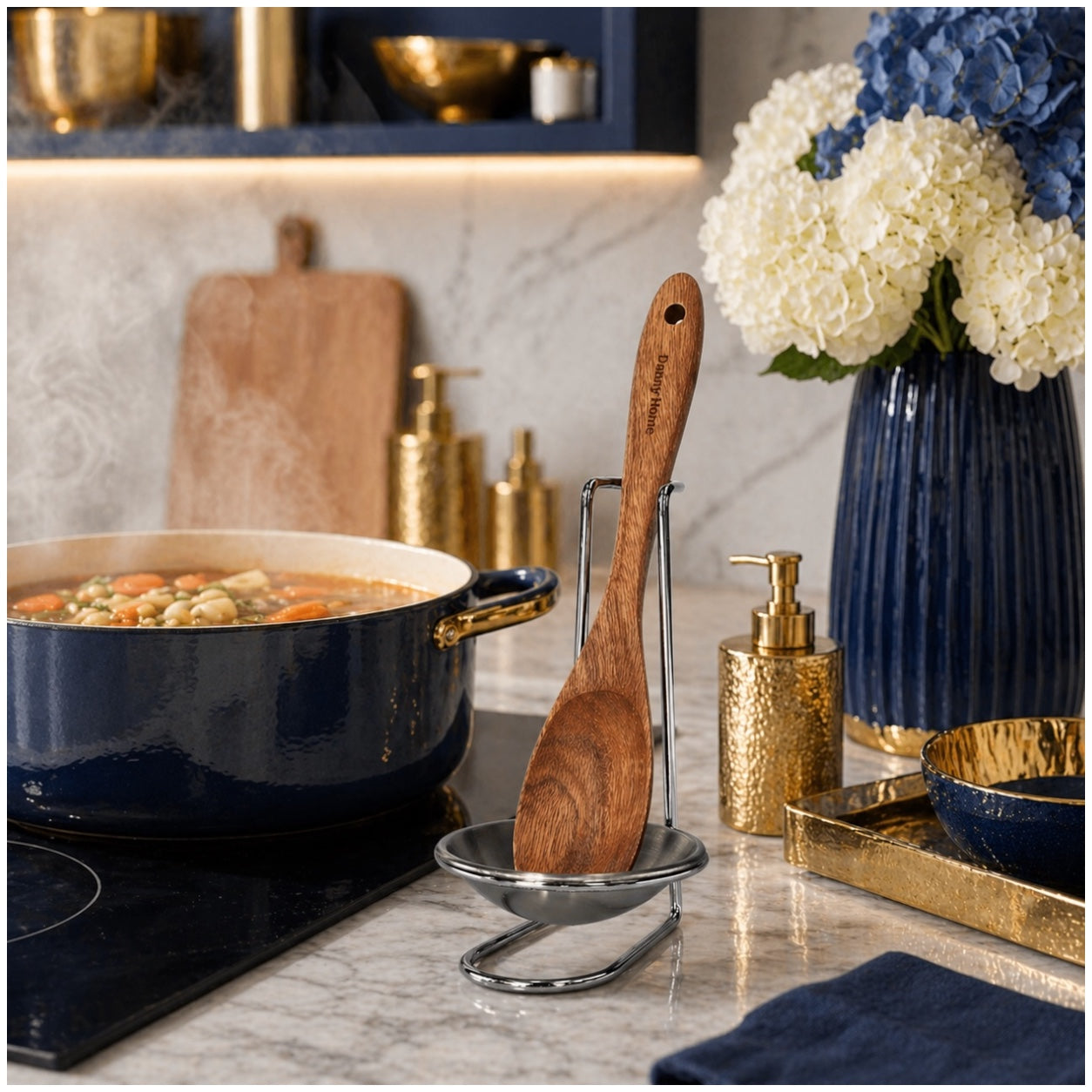 Stylish and Elegant Wooden Serving Spoon with Silver Stand and Drip Tra
