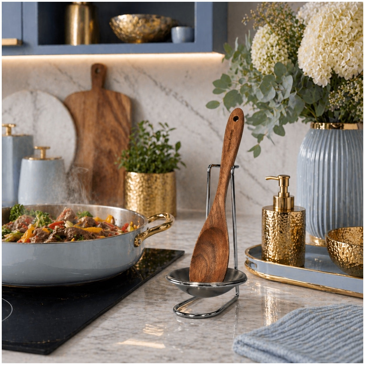 Stylish and Elegant Wooden Serving Spoon with Silver Stand and Drip Tra