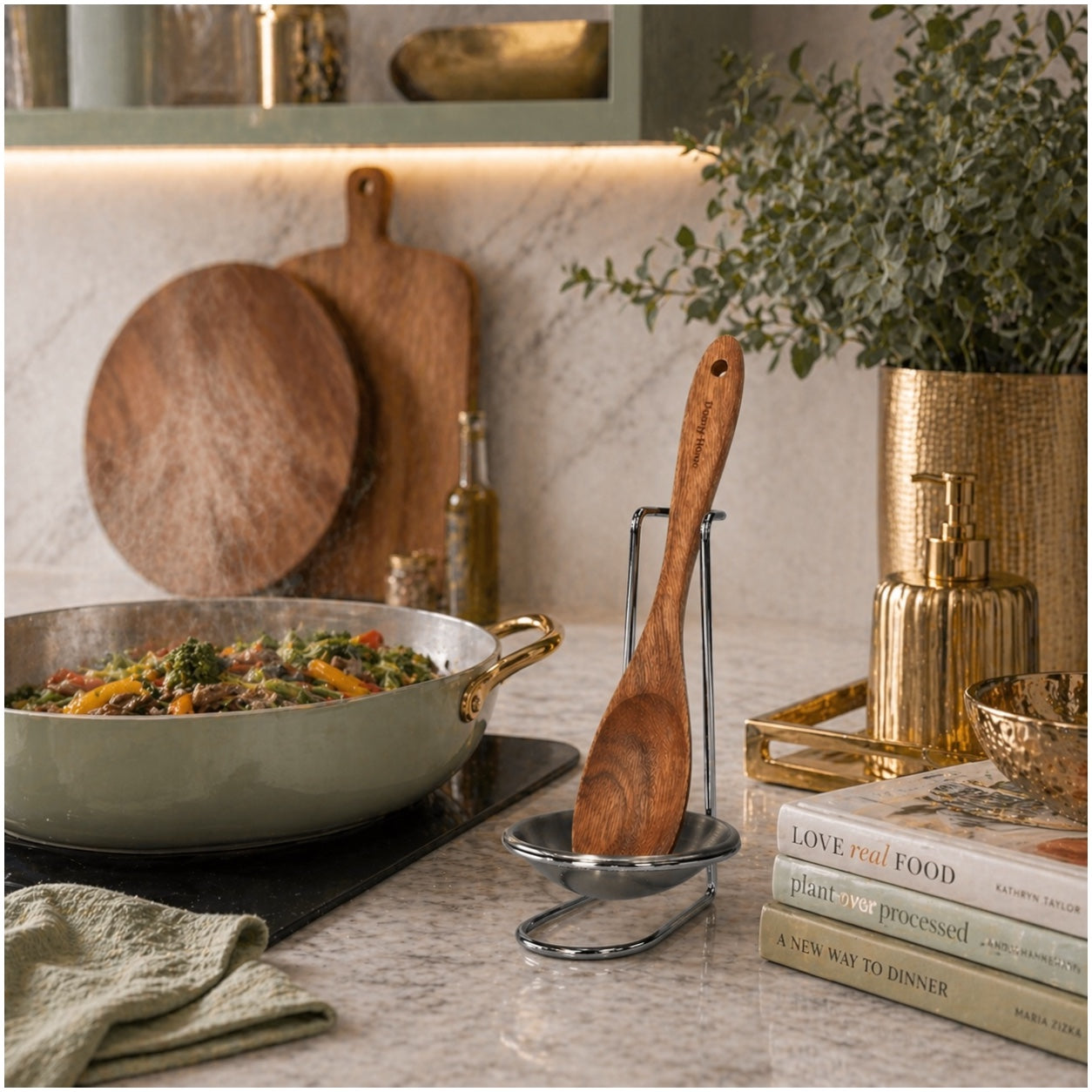 Stylish and Elegant Wooden Serving Spoon with Silver Stand and Drip Tra