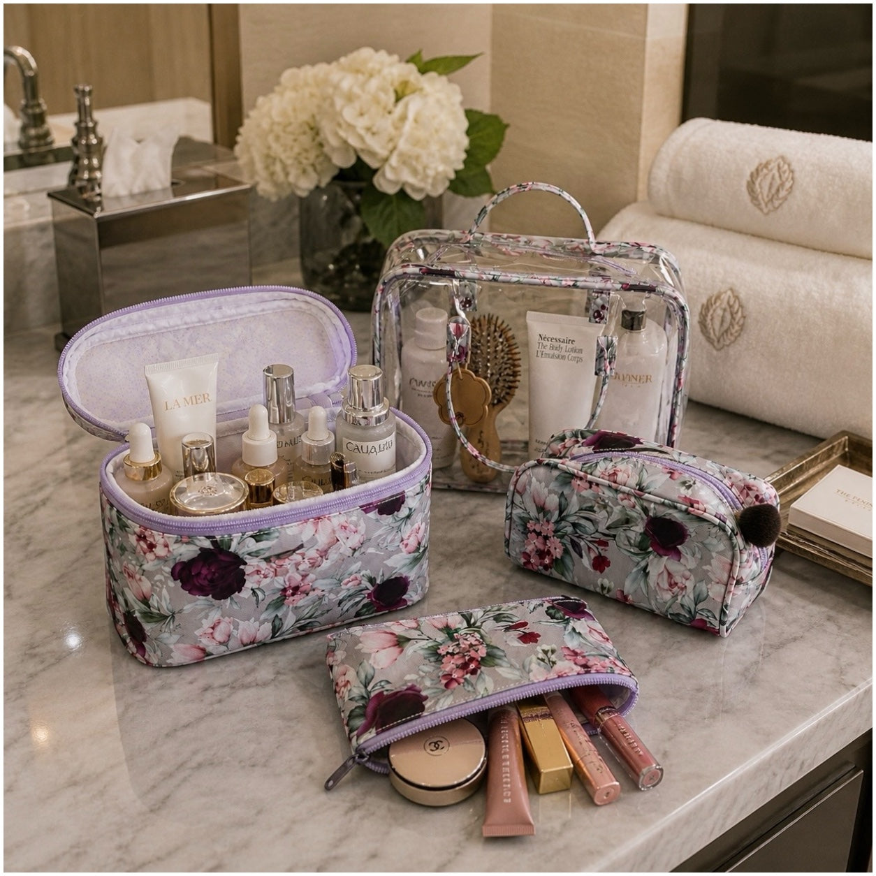 4-Piece Floral Travel Toiletry and Makeup Bag Set–Pretty Organised Storage
