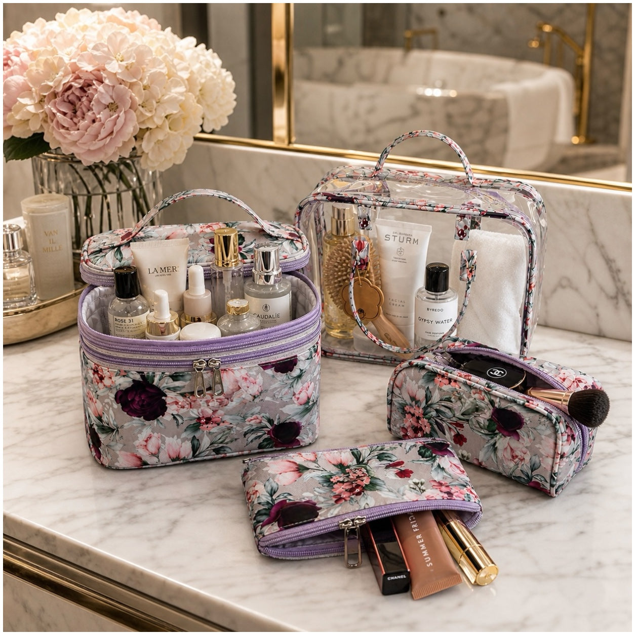 4-Piece Floral Travel Toiletry and Makeup Bag Set–Pretty Organised Storage