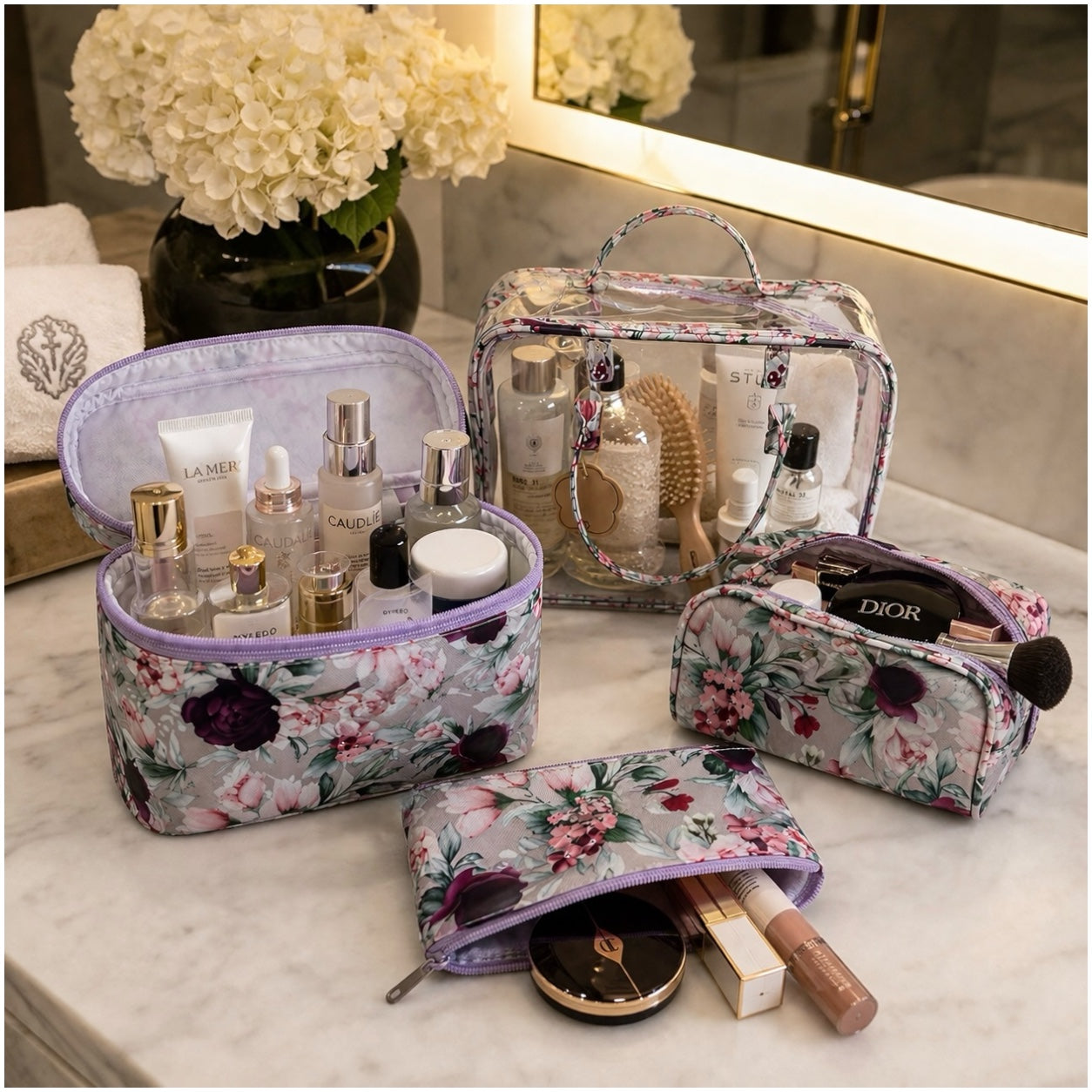 4-Piece Floral Travel Toiletry and Makeup Bag Set–Pretty Organised Storage