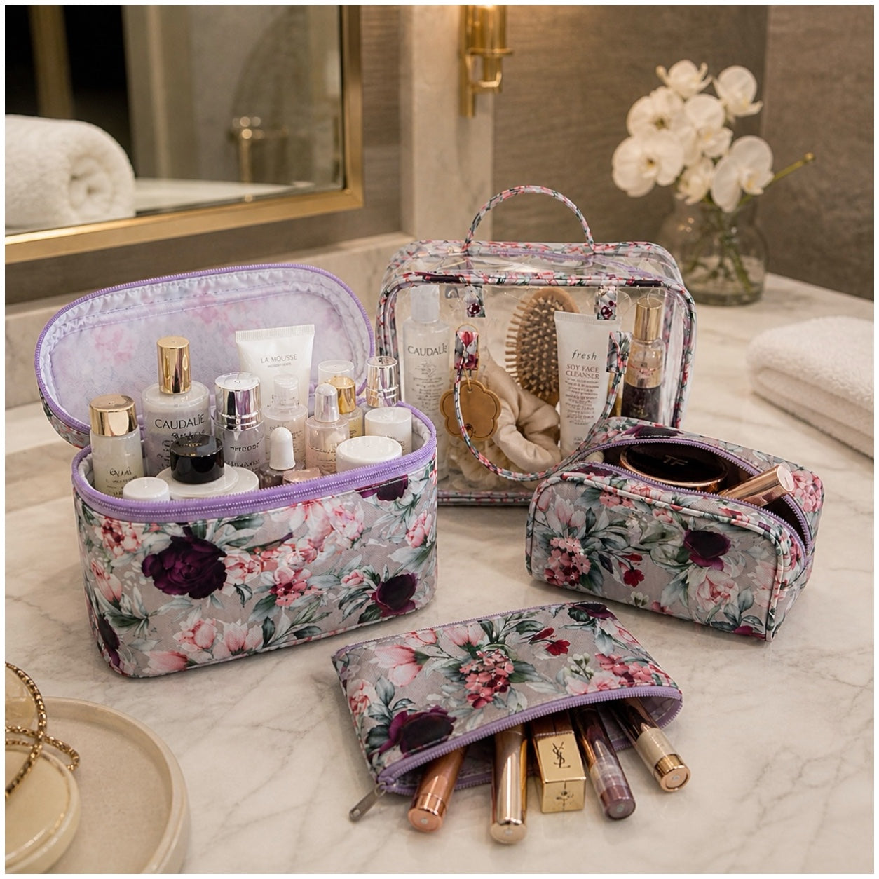 4-Piece Floral Travel Toiletry and Makeup Bag Set–Pretty Organised Storage