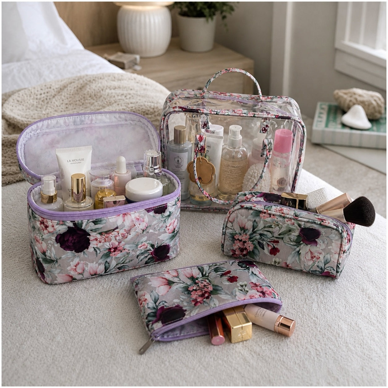 4-Piece Floral Travel Toiletry and Makeup Bag Set–Pretty Organised Storage