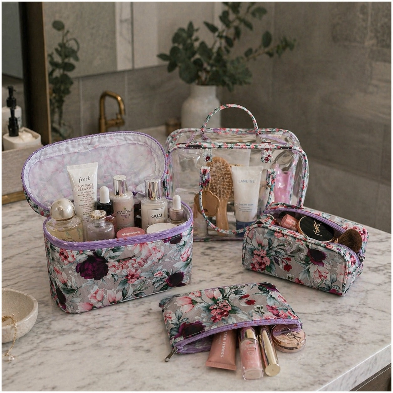 4-Piece Floral Travel Toiletry and Makeup Bag Set–Pretty Organised Storage