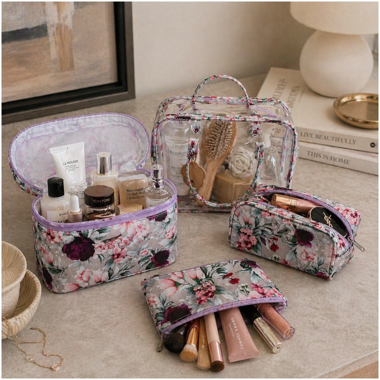 4-Piece Floral Travel Toiletry and Makeup Bag Set–Pretty Organised Storage