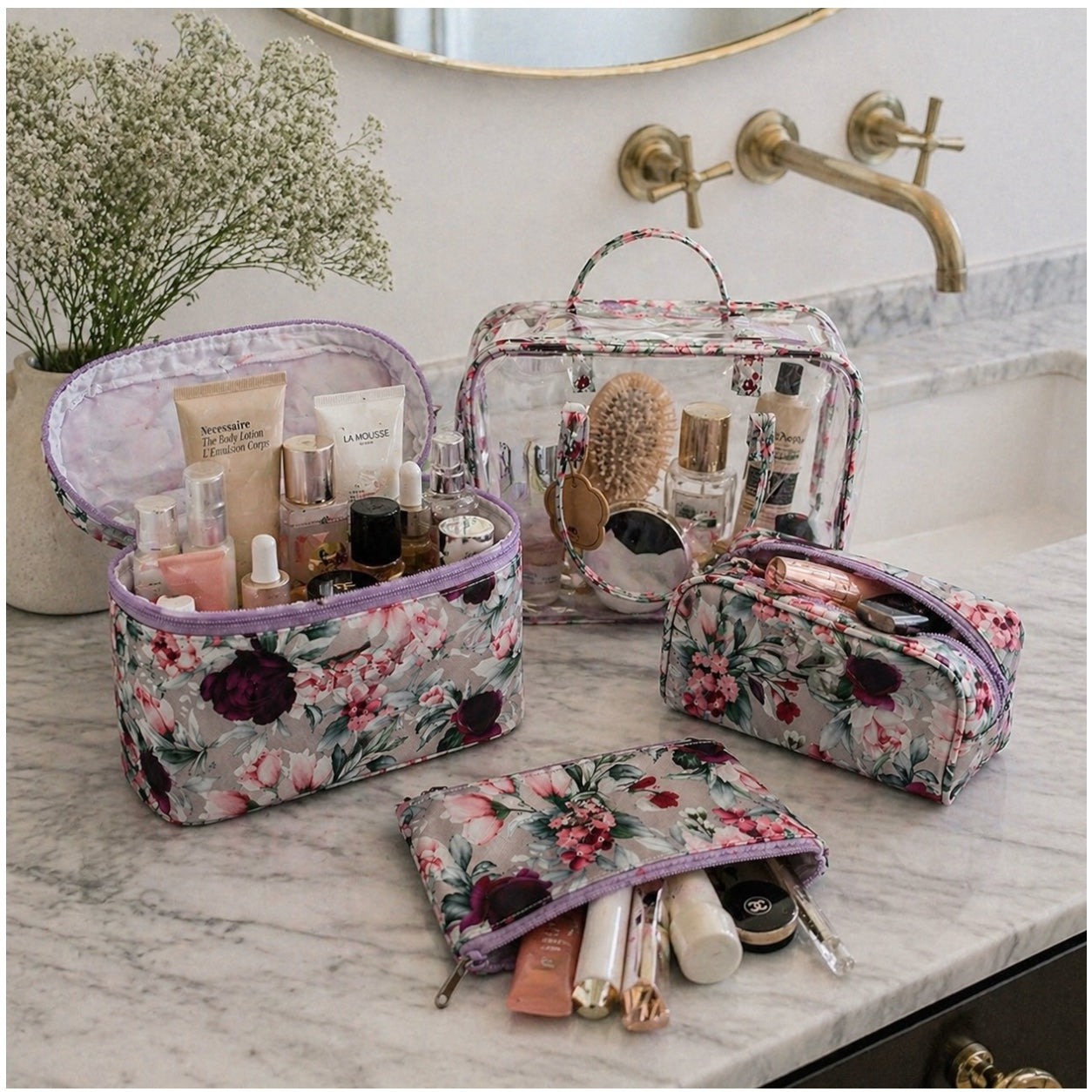4-Piece Floral Travel Toiletry and Makeup Bag Set–Pretty Organised Storage